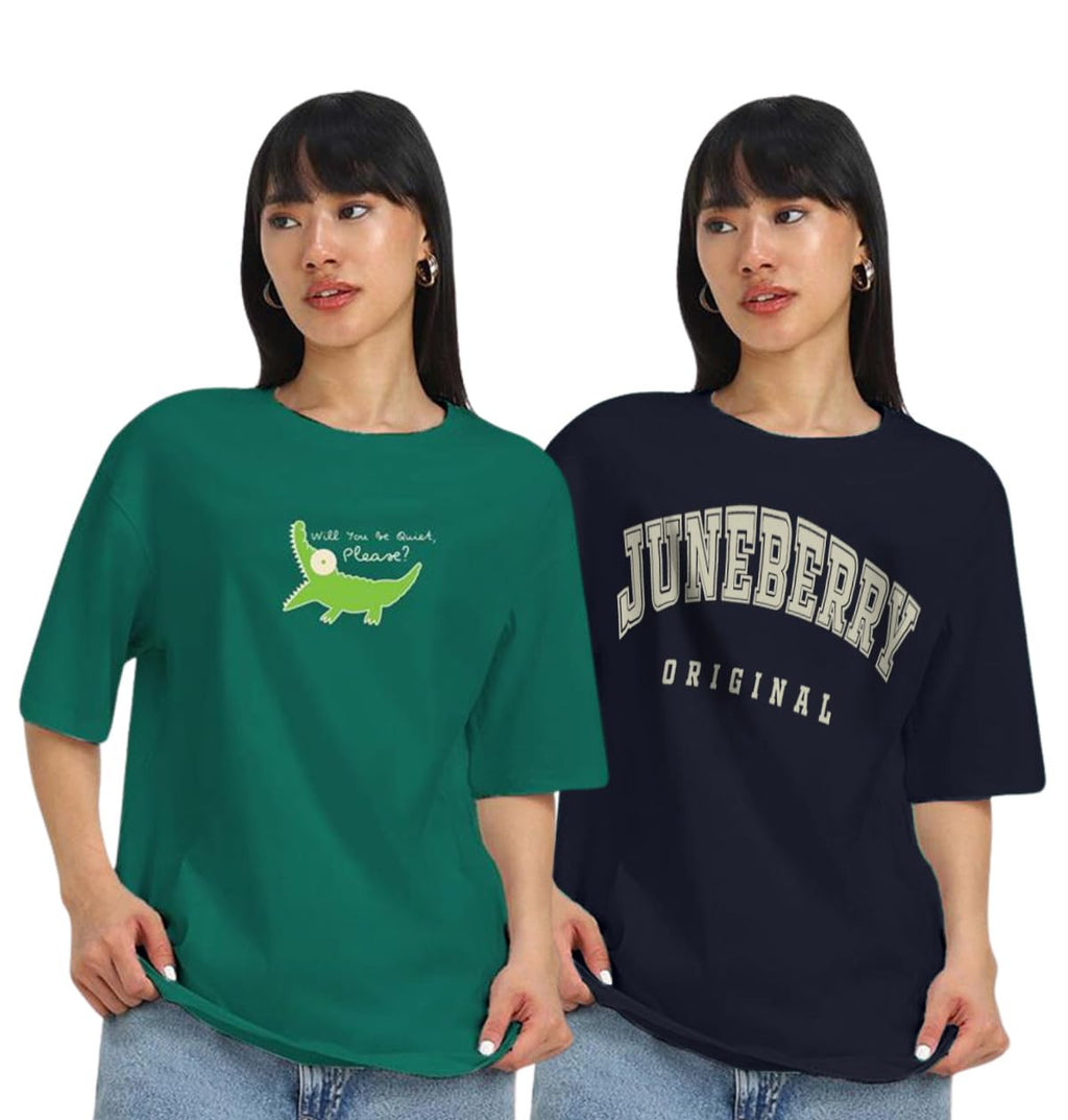 Juneberry Pack Of 2, 100% Pure Cotton, Round Neck, Oversized, Loose, Baggy Fit, Drop Shoulder, Graphic Printed, Half Sleeve T-Sh