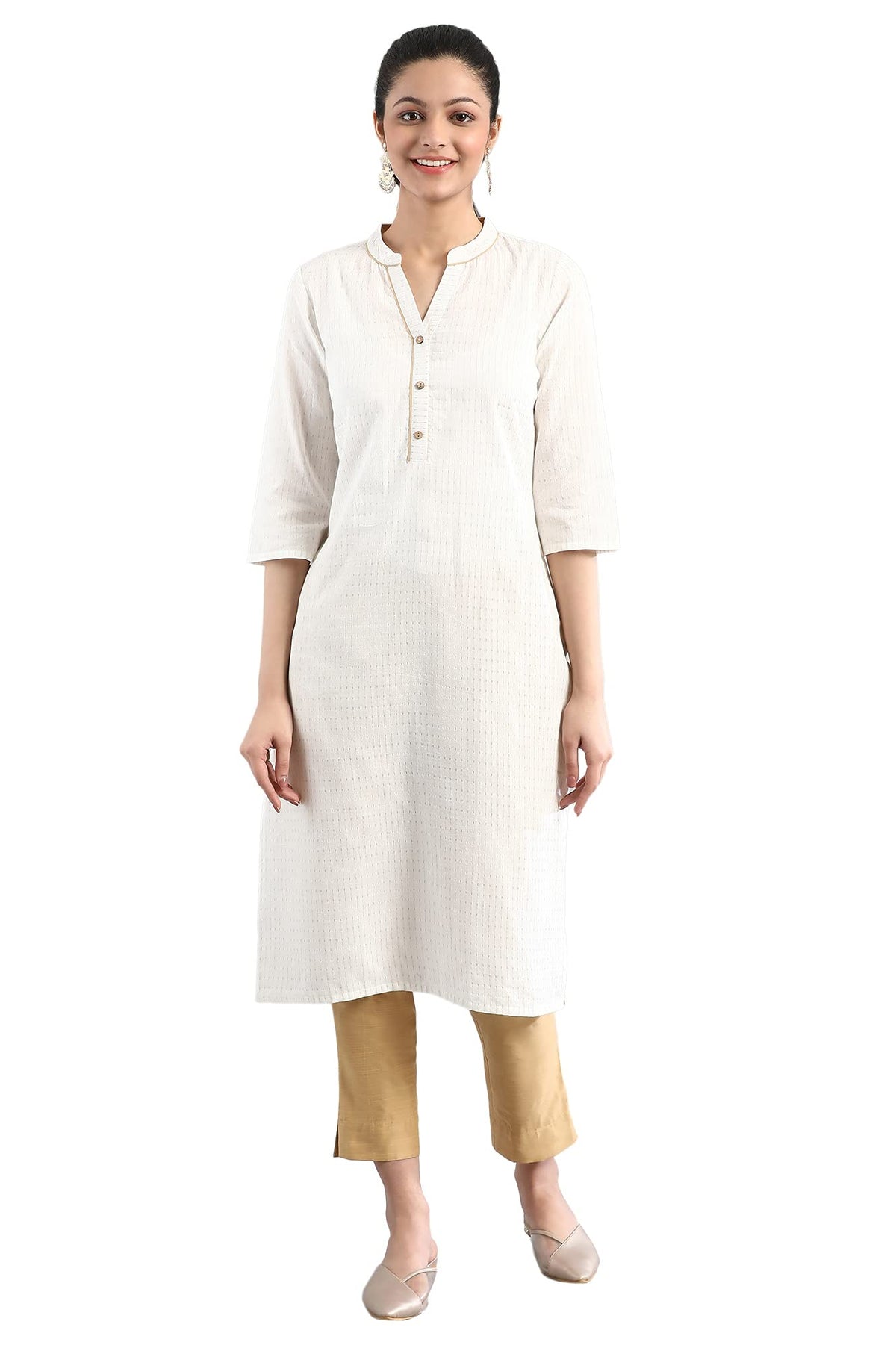 Aurelia WomenS Cotton White Dobby Band Collar Straight Kurta_21Fea12230-702086_Xs