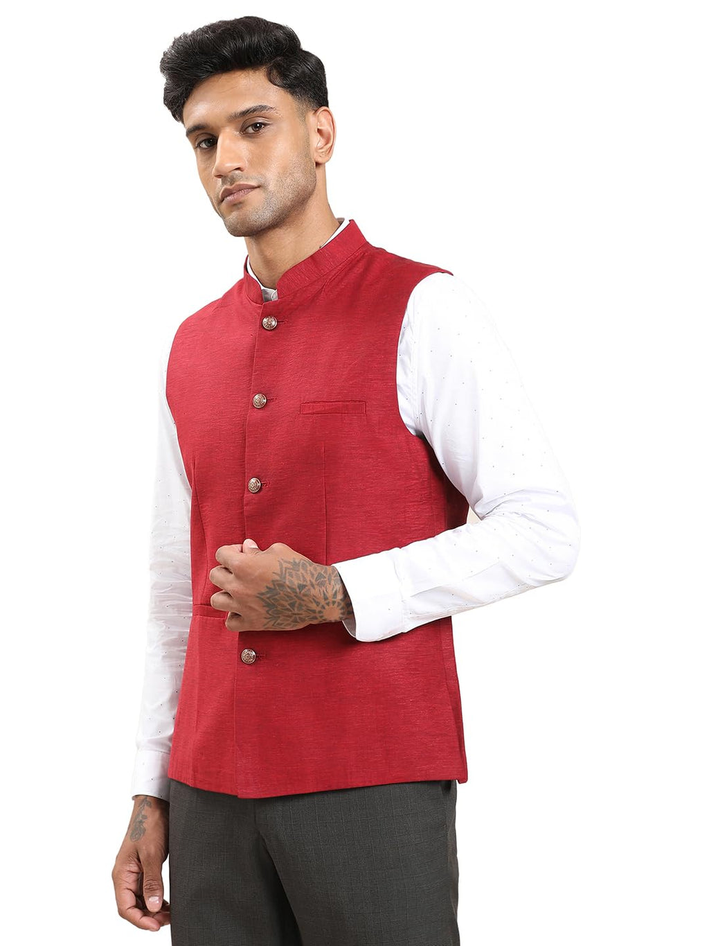 Turtle Men Polycotton Solid Slim Fit Red Nehru Jacket