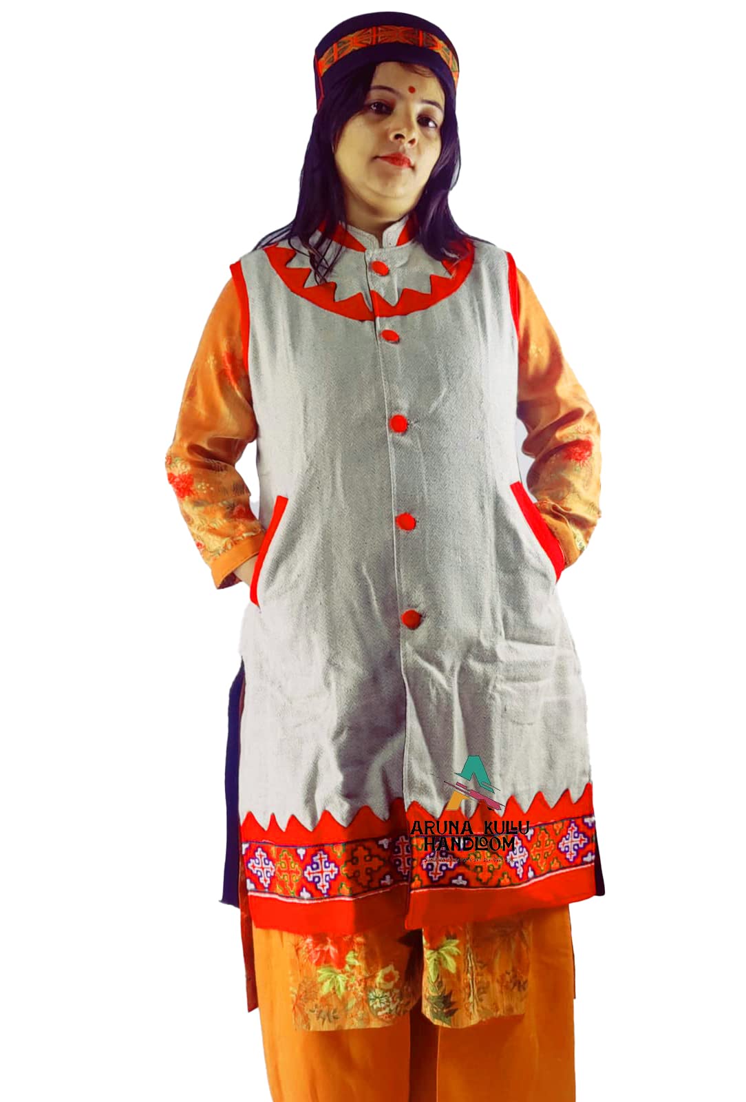 ARUNA Kullu Woolen Winter Wear Long Jacket for Women Flower Design OFF WHITE (40) 40