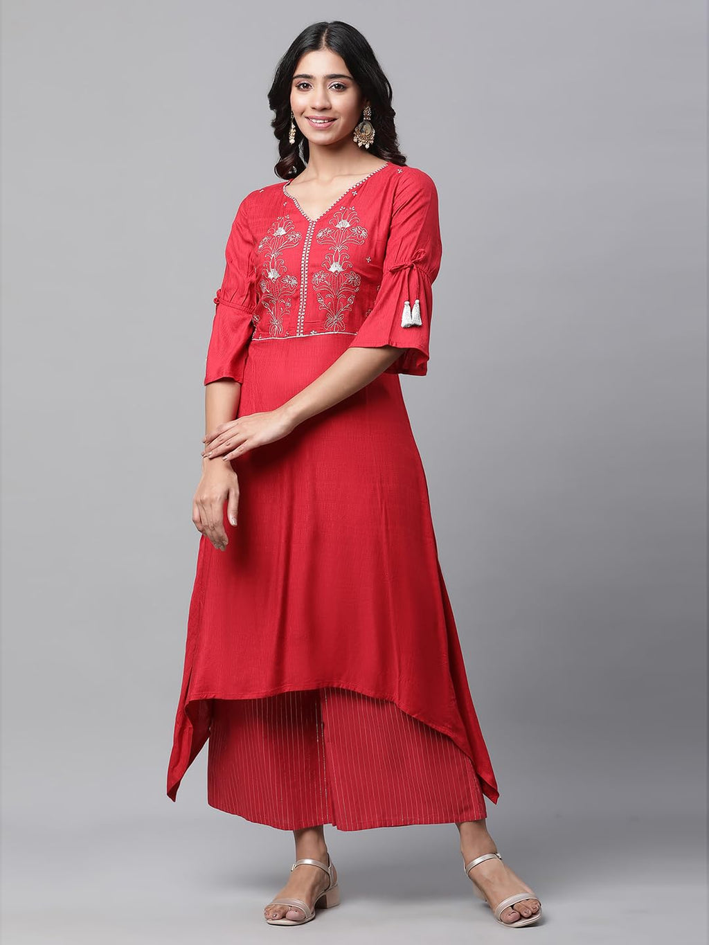Aurelia Women Red Viscose Asymmetrical Kurta, Palazzos Suit Set