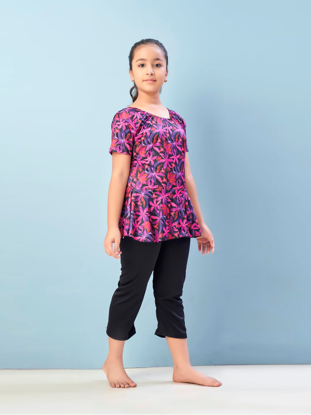 Aarika Girls Sports Wear Rani-Black Colour Floral Print Nylon Swim Suit (5-15 Years)-(SW-SHM-C-1120)