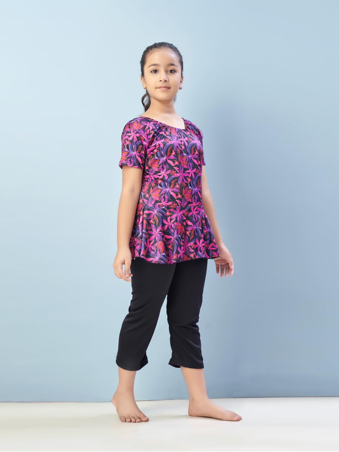 Aarika Girls Sports Wear Rani-Black Colour Floral Print Nylon Swim Suit (5-15 Years)-(SW-SHM-C-1120)