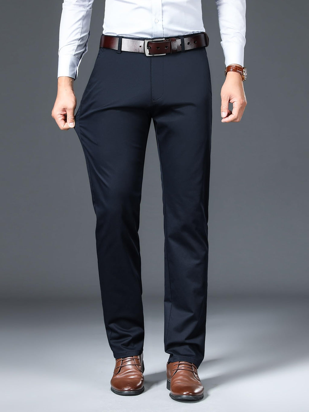 AVANOVA Mens Solid Navy Blue Mid Rise Trousers Light Business Style Slightly Stretch Straight Leg Pants for Outdoor Casual Dail