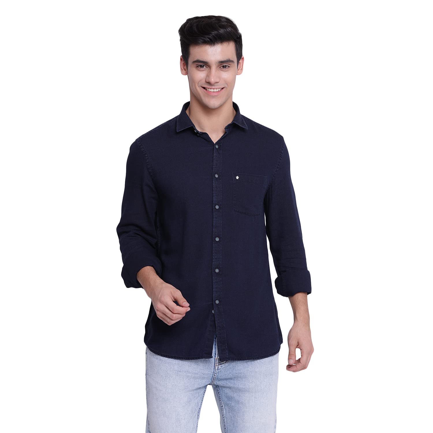 Turtle Men 100% Cotton Indigo Dark Blue Dobby Slim Fit Full Sleeve Casual Shirt