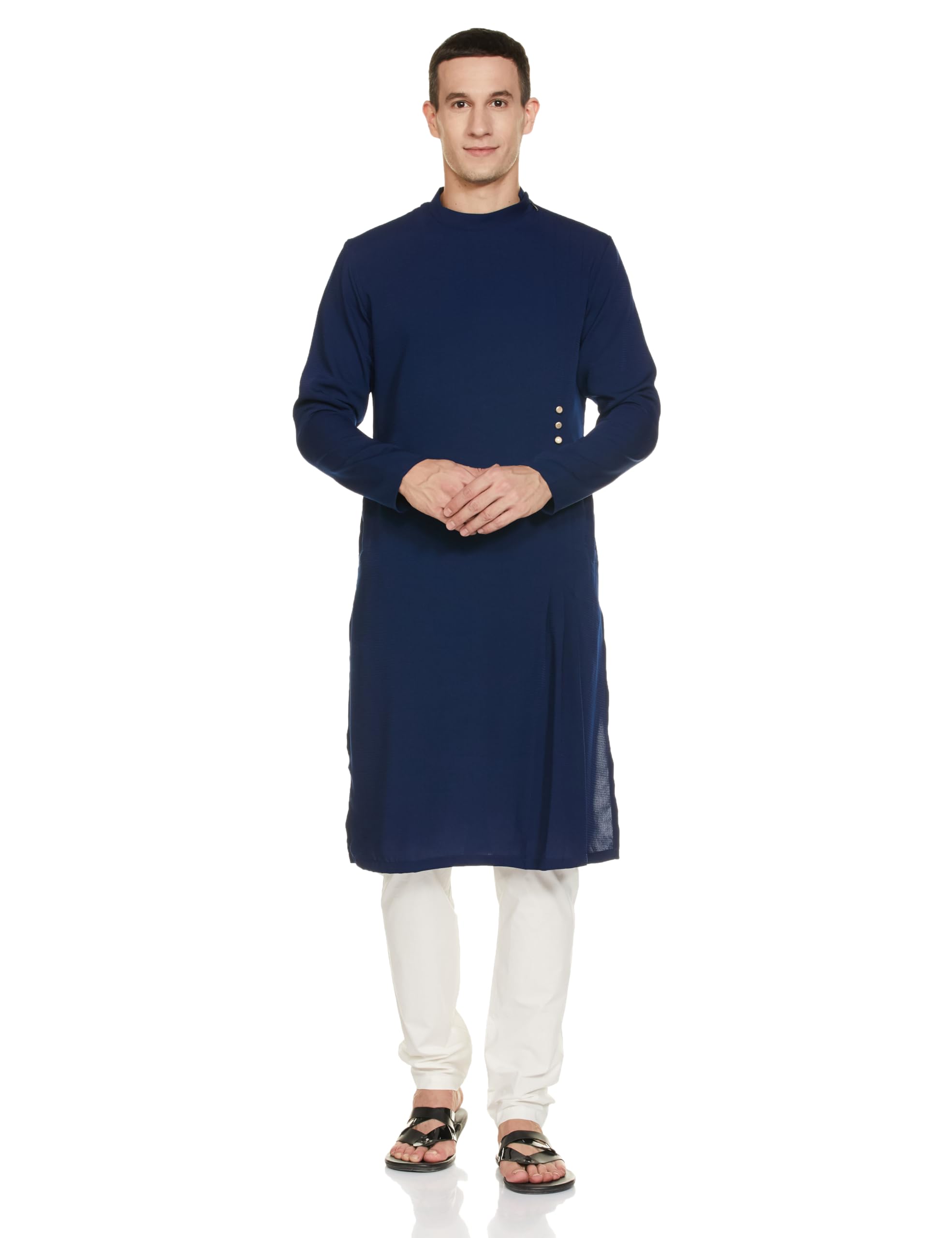Manyavar Blue Blended Viscose Solid Casual Kurta Set for Men