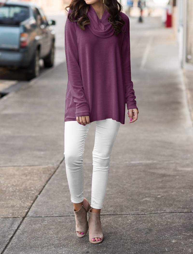 Minclouse Women's Long Sleeve Cowl Neck Sweater Pullover Turtleneck Casual Loose Sweatshirts Tunic Tops (X-Large, A-Purple)
