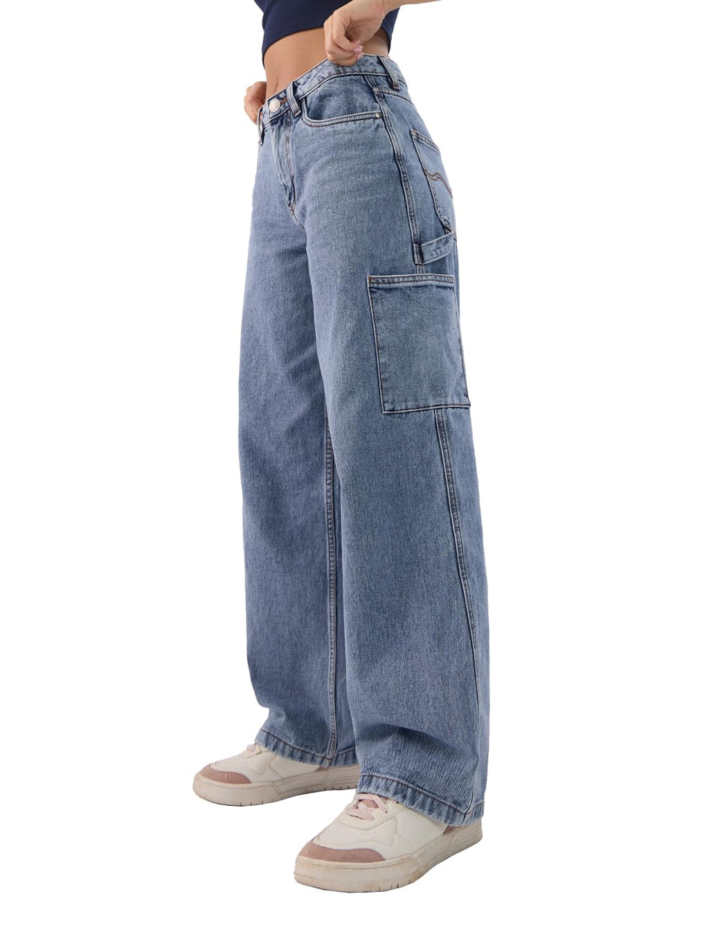 The Souled Store Denim: Stellar Blue Women and Girls Buttoned Cotton Baggy Fit Jeans