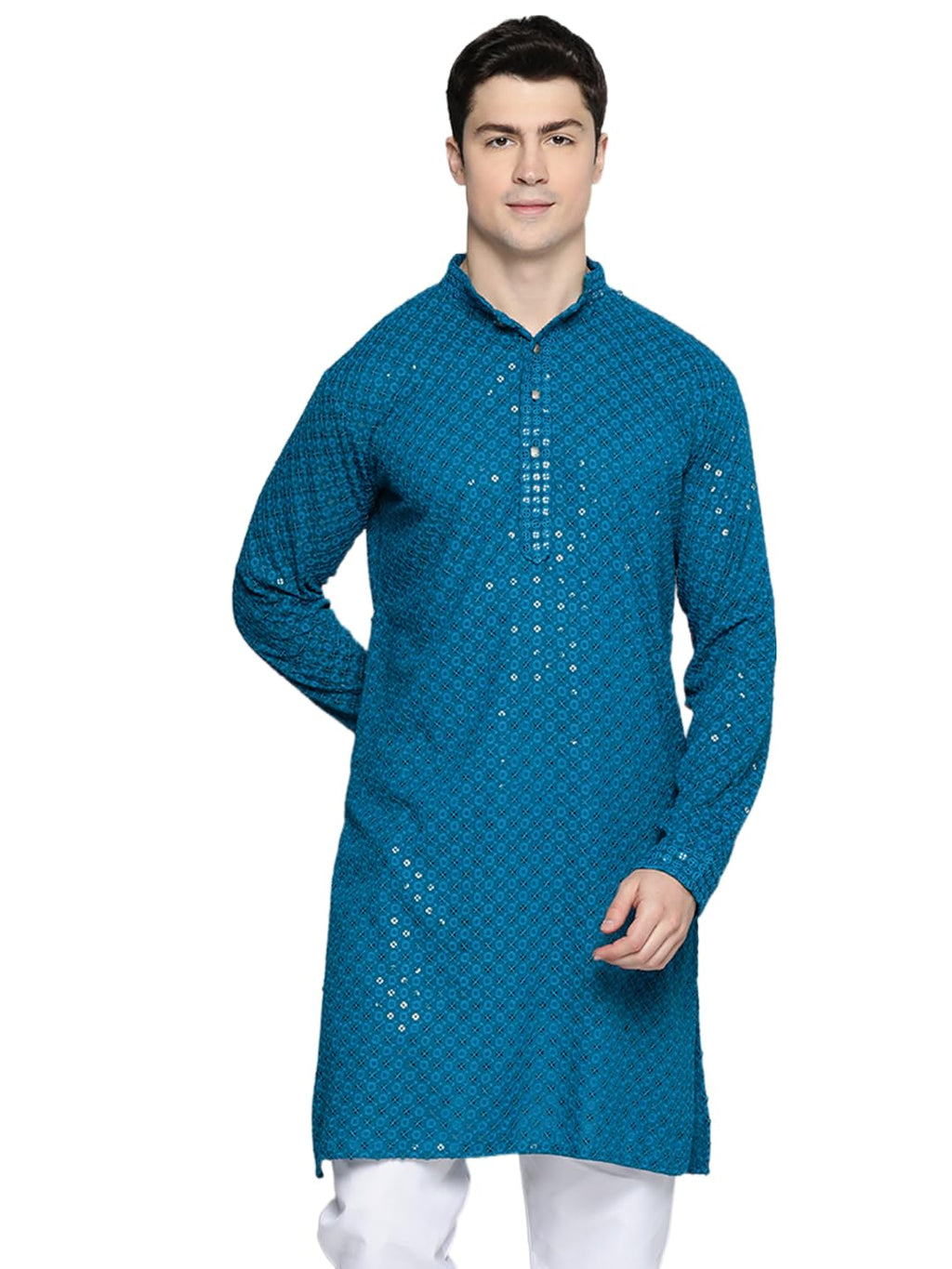 Jompers Mens Peacock Chikankari Embroidered And Sequence Kurtas (Peacock, Xxl)