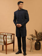 VASTRAMAY Mens Navy Blue And Black Silk Blend Sherwani Set | Imported Fabric Designer Indowestern And Pant style Pyjama Set