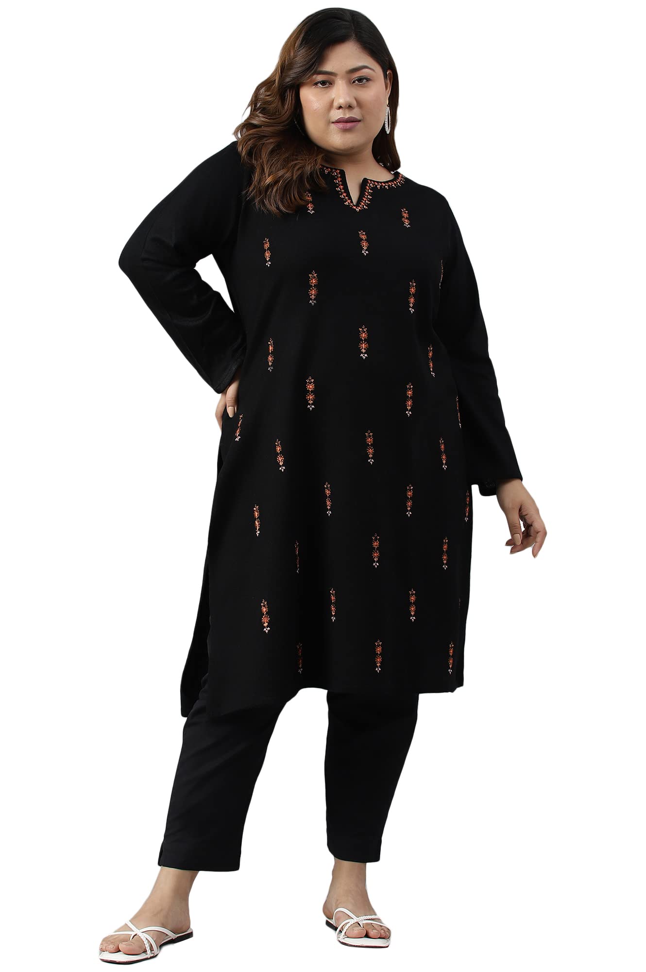 W For Women Plus Size Black Acrylic Embroidered Winter Kurta_22Now18549G-215961_5Xl