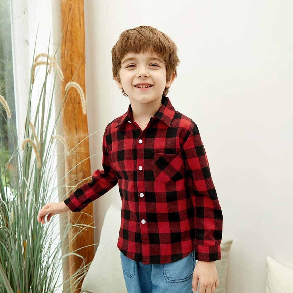 Toddler Girls Boy Clothes Plaid Flannel Long Sleeve T-Shirt Tops Kid Christmas Outfits(3-4T) Red-a