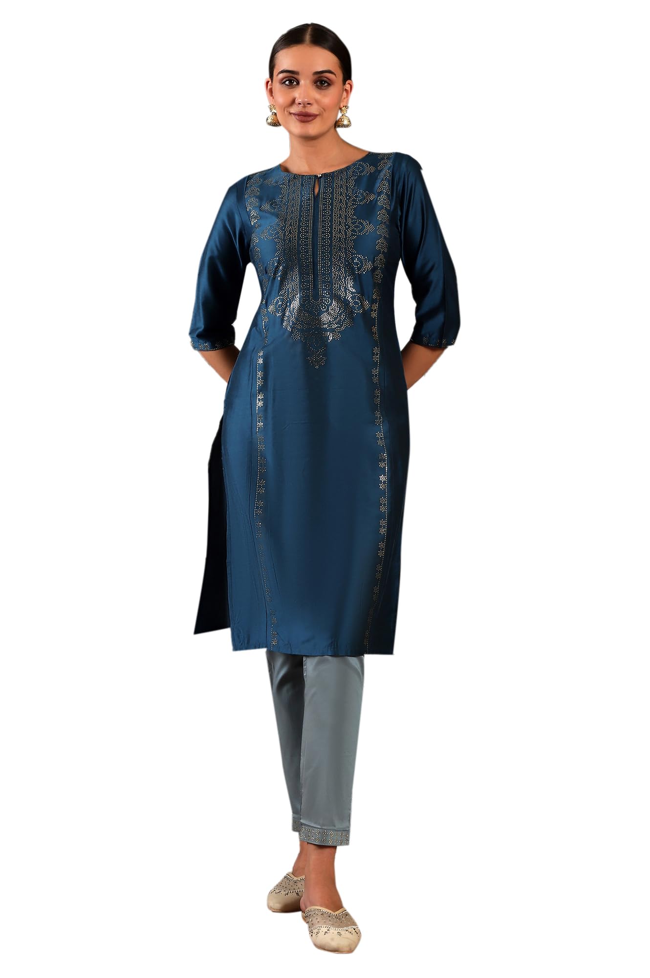 W Women Ps Mukaish Straight Kurta In Blue Colour | Women Mukaish Placement Print Blue Kurta | Blue Festive Straight Kurti For Wo