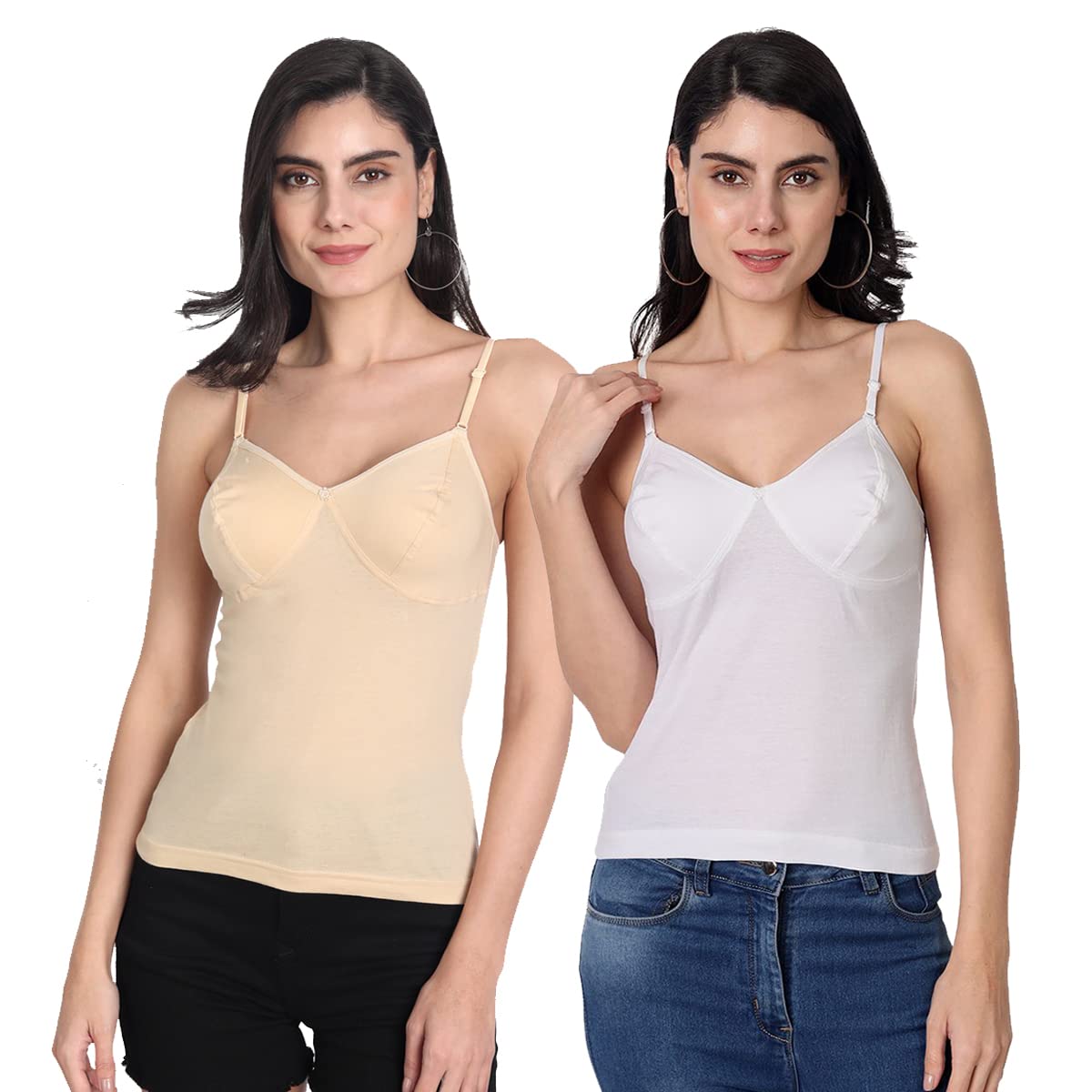 Aimly WomenS Regular Fit Sleeveless Cotton Bra Cum Camisole Slip Spaghetti Pack Of 2 3
