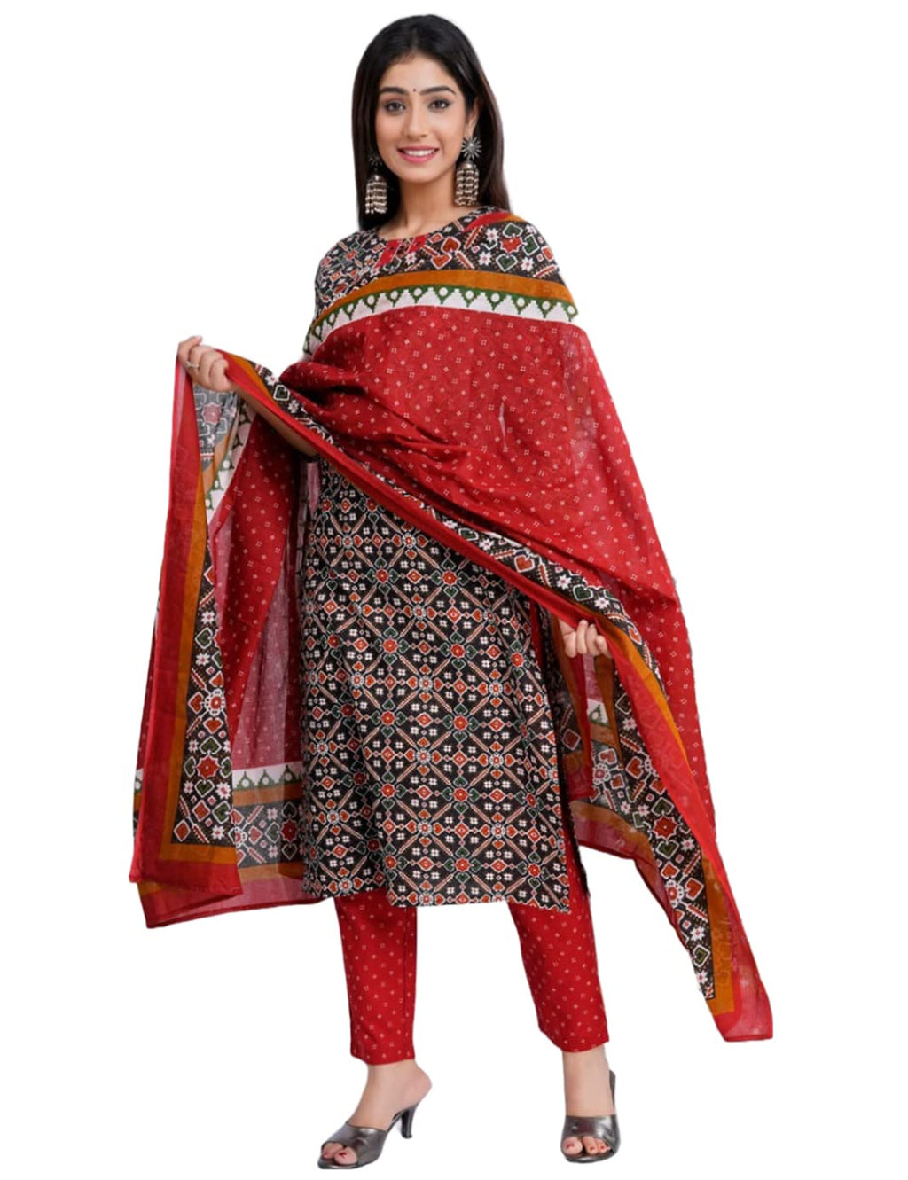 Gosriki Women'S Cotton Blend Straight Printed Kurta With Pant & Dupatta (Makshi-Nw-Red_M-Gs_Red_Medium)