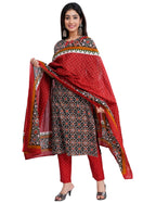 Gosriki Women'S Cotton Blend Straight Printed Kurta With Pant & Dupatta (Makshi-Nw-Red_M-Gs_Red_Medium)