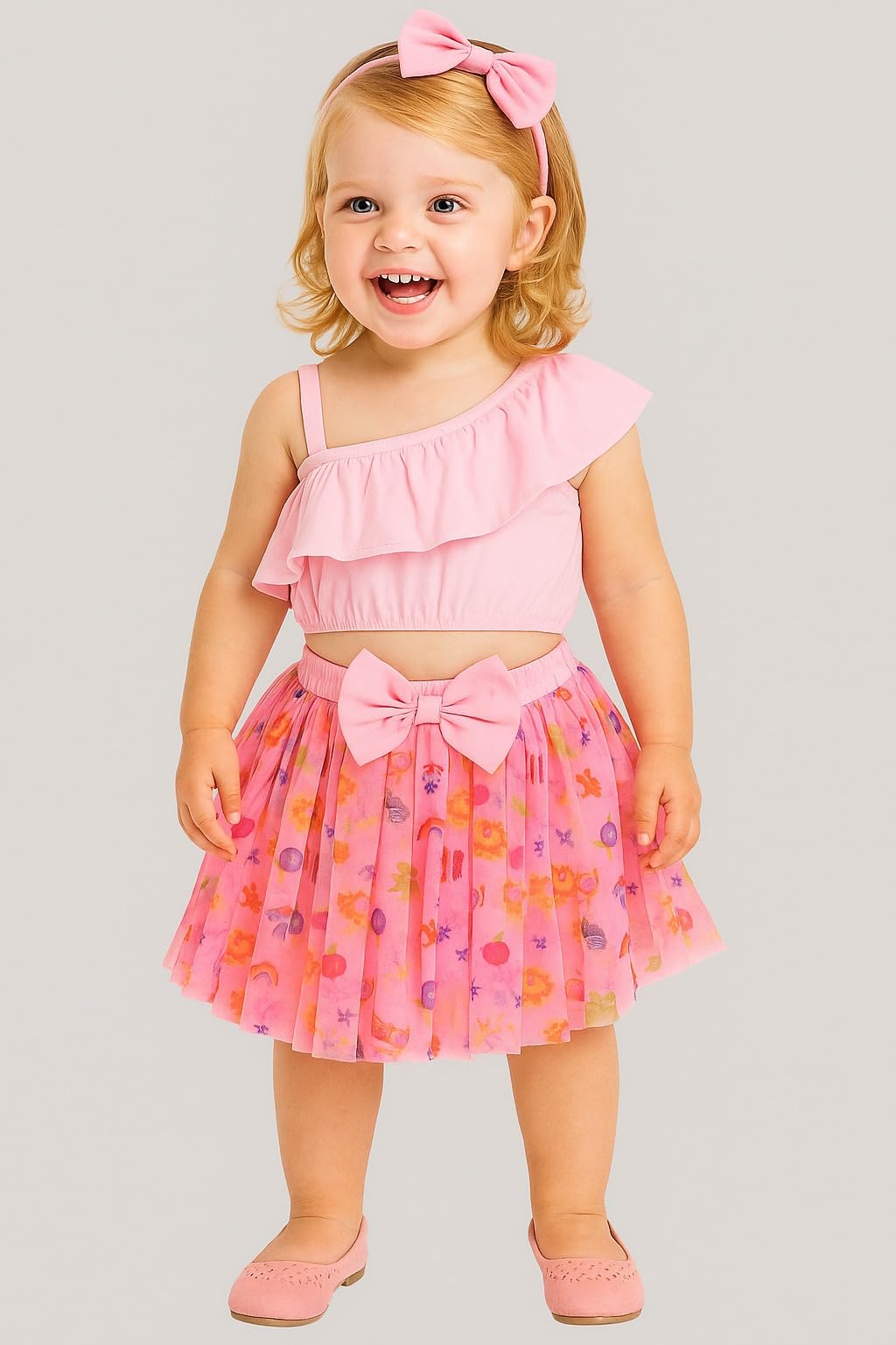 A.T.U.N. (ALL THINGS UBER NICE) Baby Girls One Shoulder Crop Top with Printed Skirt & Matching Headband | 3 Piece Outfit Set