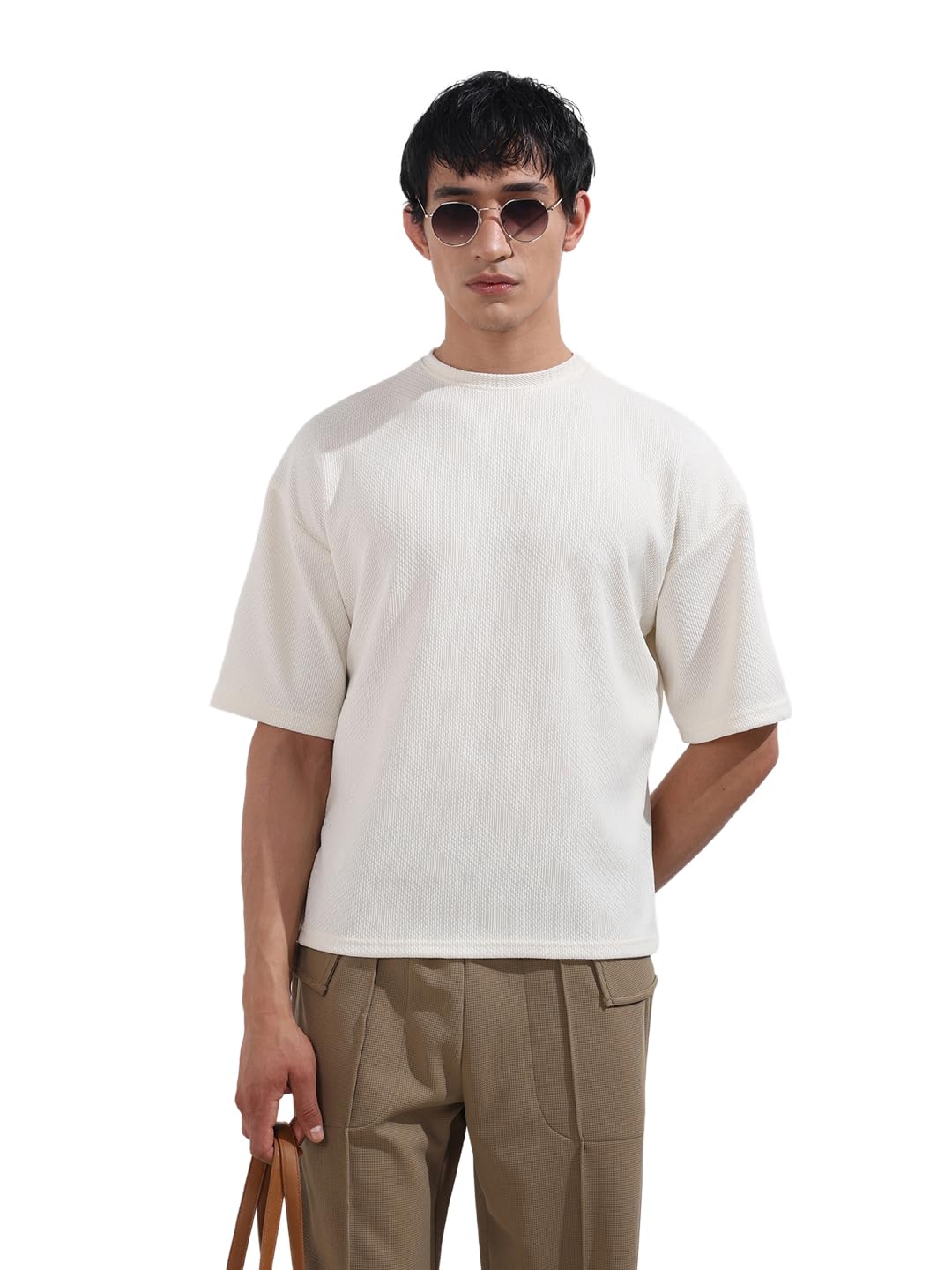 The Indian Garage Co Mens Boxy Textured Half Sleeves Crew Neck T-Shirt