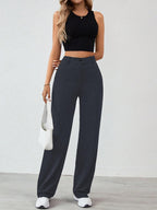 Toochki Straight Pants Trousers for Women with High Waist, Formal Pant for Women Office Wear with Wide Waistband Dark Grey