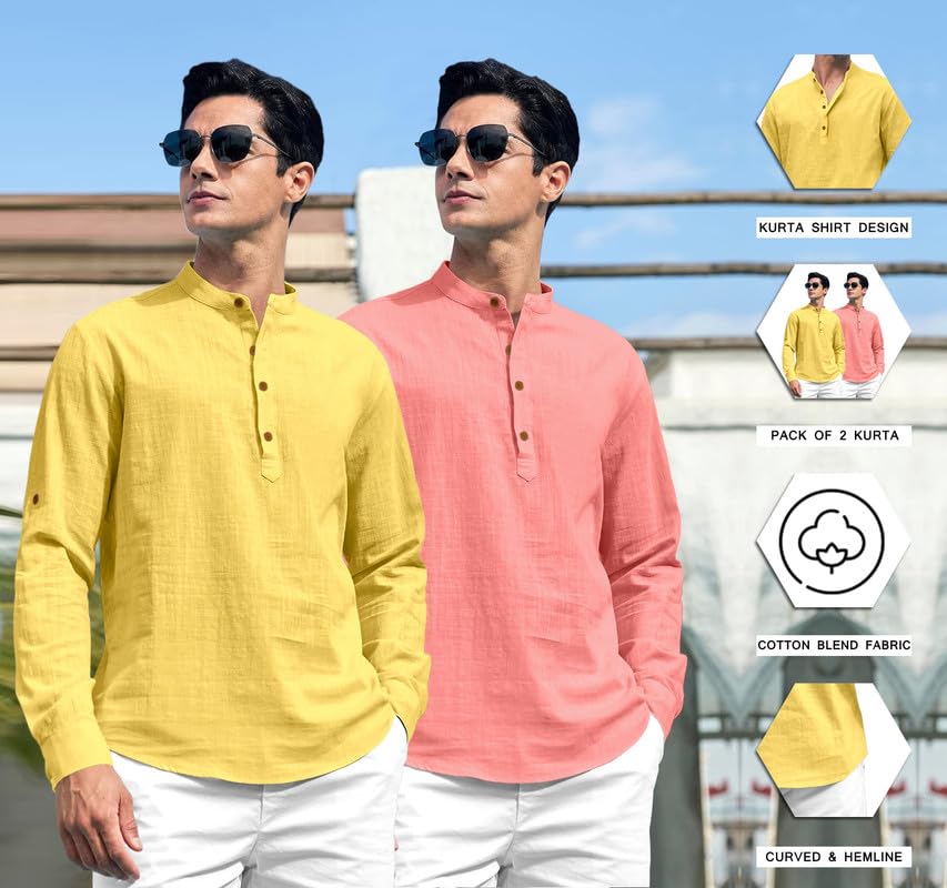 Royalscout Combo Of MenS Solid Cotton Blend Full Sleeve Straight Kurta Shirt (Pack Of 2)