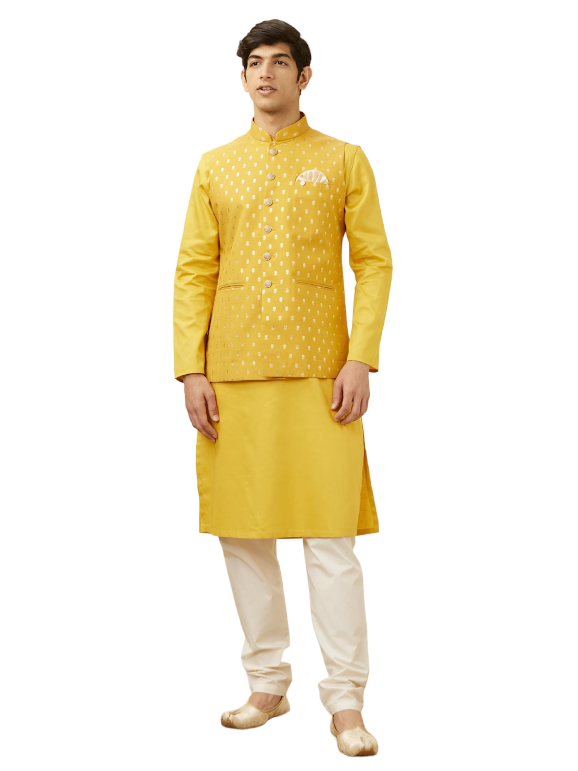 Manyavar Mens Chanderi Self Design Sleeveless Casual,Traditional Nehru Jacket (Mustard, L)