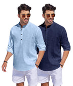 Hemrin Combo Of Men Solid Cotton Blend Straight Kurta Shirt Pack Of 2