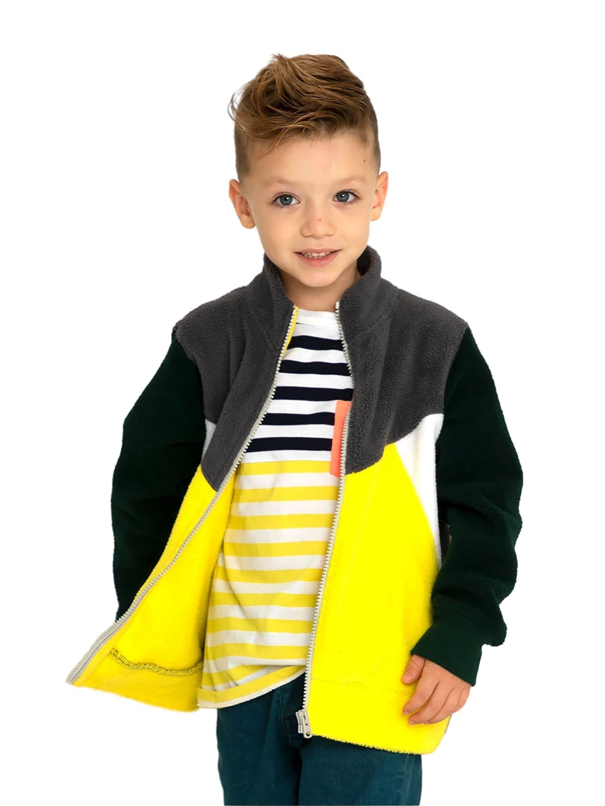 CHERRY CRUMBLE Black Yellow Colorblocked Polar Fleece Cotton Blend Boys & Girls Casual Dashing High Neck Winter Warm Zipper Swea 18-24