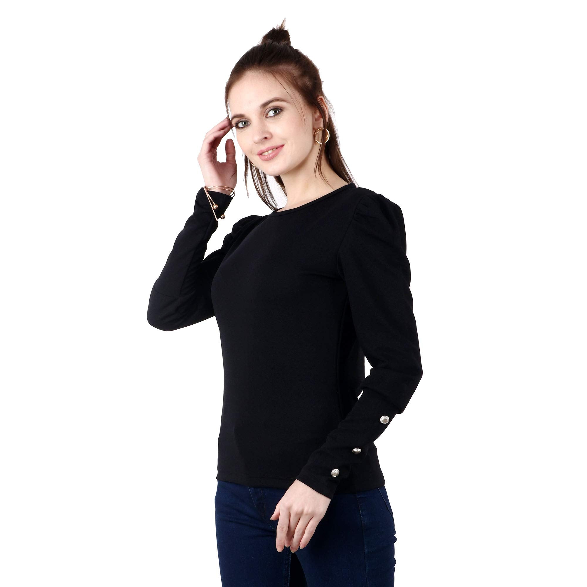 POPWINGS Casual Solid Puff Button Long Sleeves Slim Fit Tops for Women || Summer Round Neck and Stylish Western Black Top for Wo