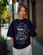 Juneberry 100% Pure Cotton Oversized Loose Baggy Fit Drop Shoulder Half Sleeve Round Neck Cool Front Teddy Printed Cork & White