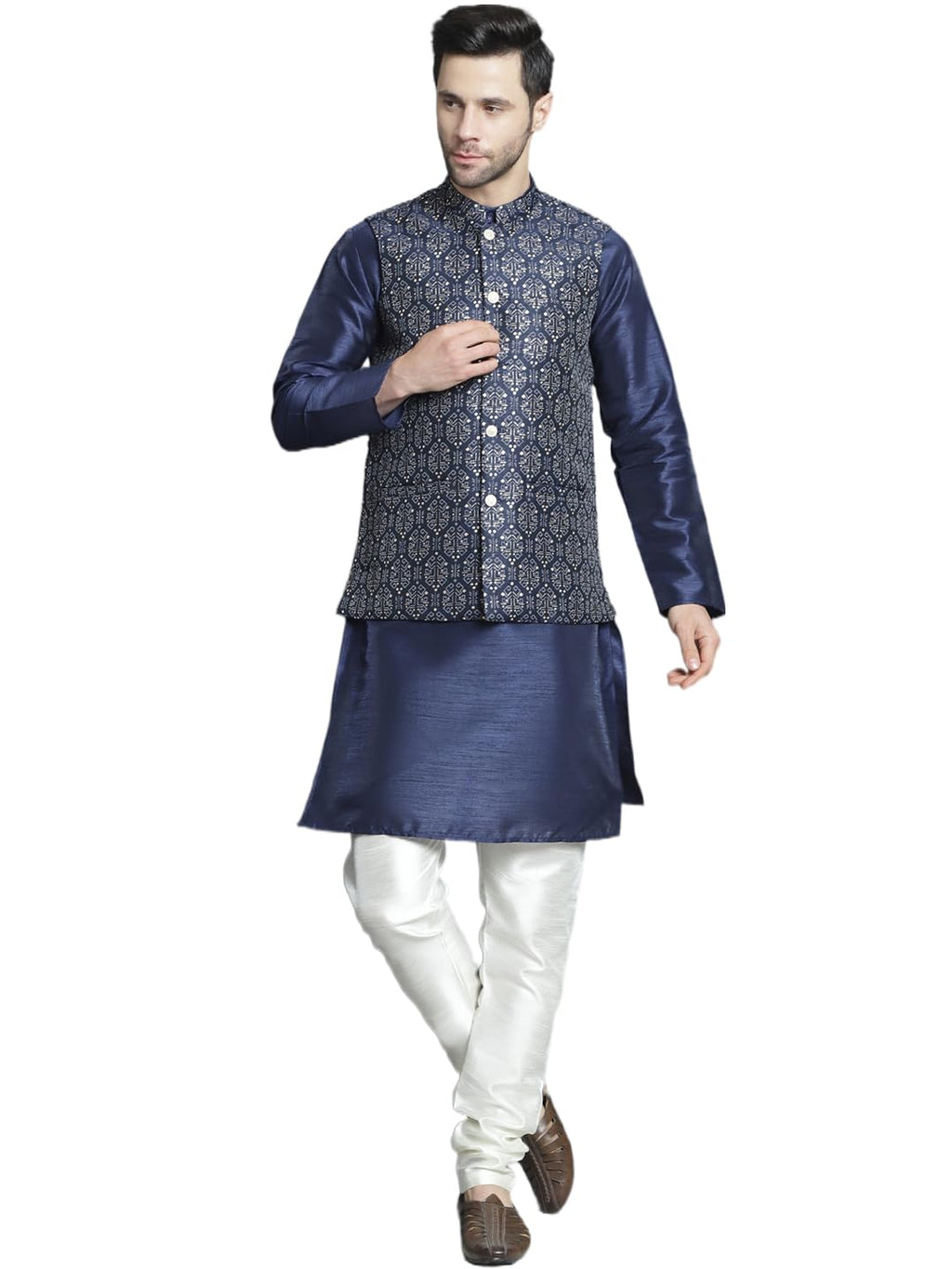 Jompers Mens Printed Nehru Jacket With Kurta Pyjama Set