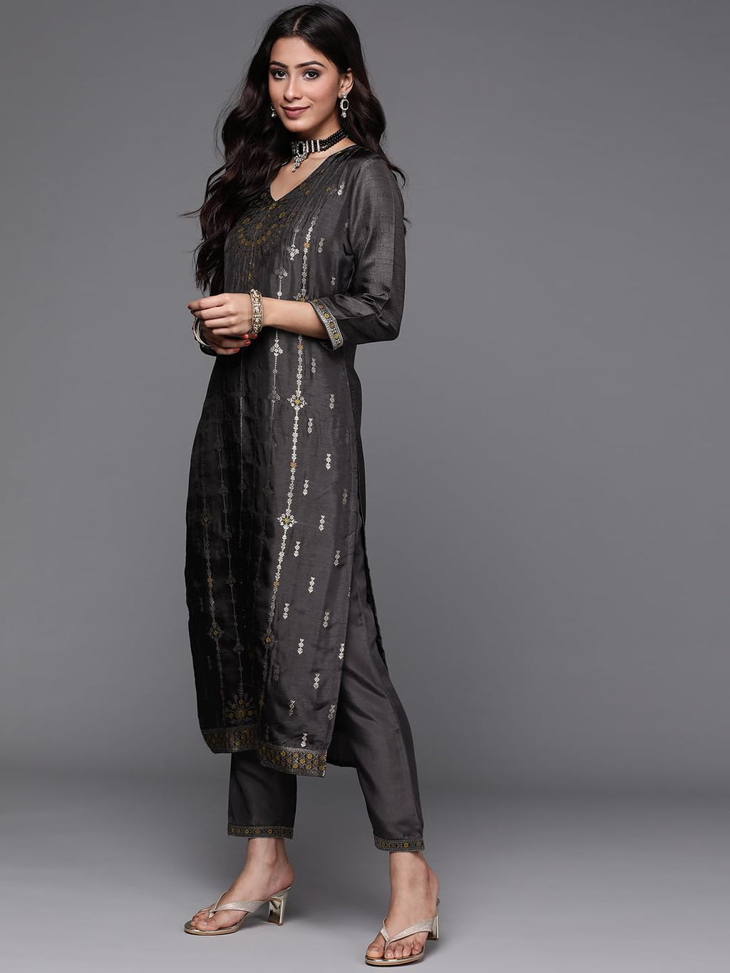 Libas WomenS Silk Blend Kurta Sets (33340O_Charcoal