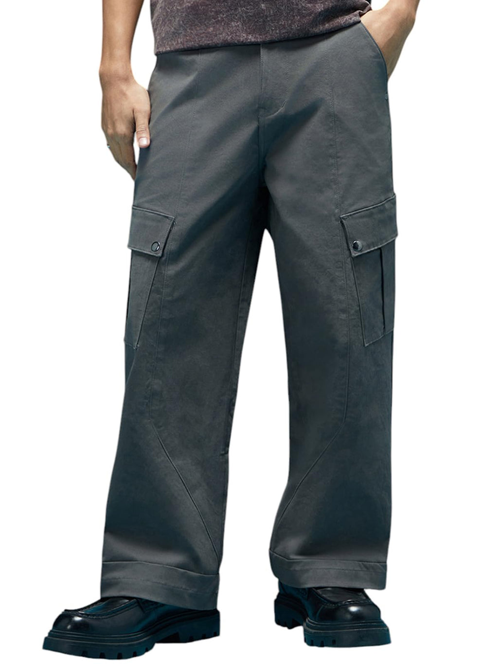 Veirdo Men's Lycra Baggy Fit with Button Closure Casual Solid Woven Cargo Pants