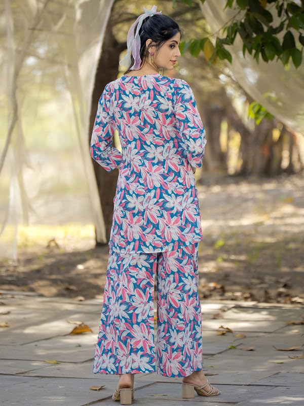 Pinkmint Womens Pure Cotton Co Ord Set l Flower Printed Co Ord Set l Stylish Pocket & 3/4 Sleeve Women Co-ord Set Multicolour