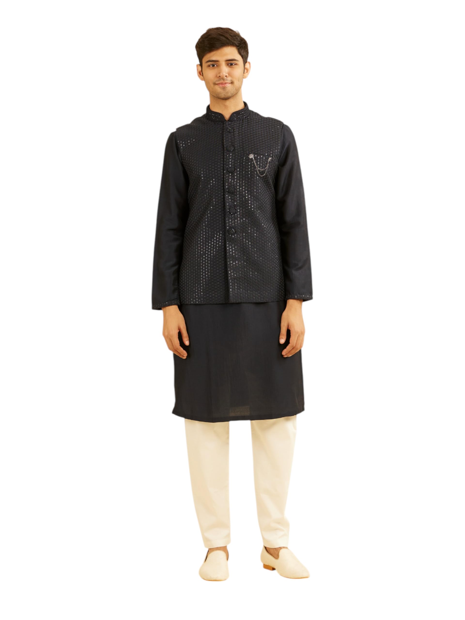 Manyavar Mens Art Silk Embroidered with Sequins Kurta Jacket Pyjama Set (Dark Blue,XXL)