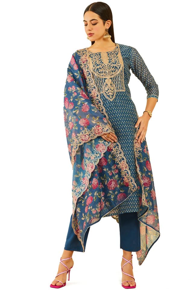 Soch Women Chanderi Floral Printed Suit Set with Zardosi Work