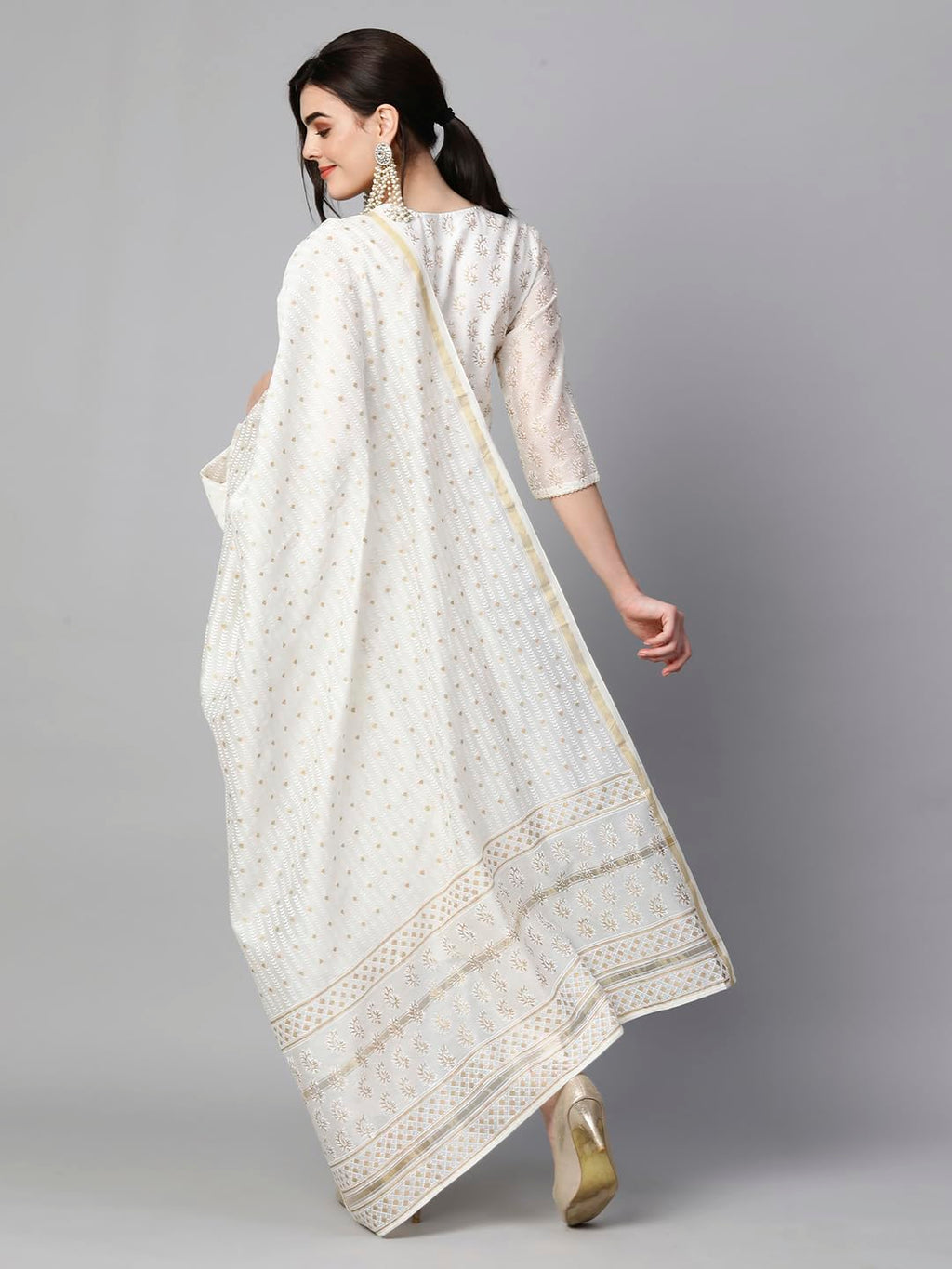 ANNI DESIGNER Womens Cotton Blend Straight Printed Kurta with Pant & Dupatta (Saligram Cream_L_Cream_Large)