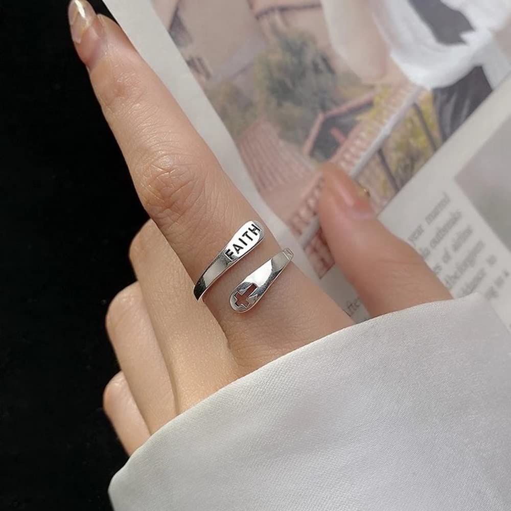 Faith Cross Sterling Silver Open Statement Rings Adjustable Minimalist Hope Love Eternity Wedding Band Promise Ring Wrap Finger