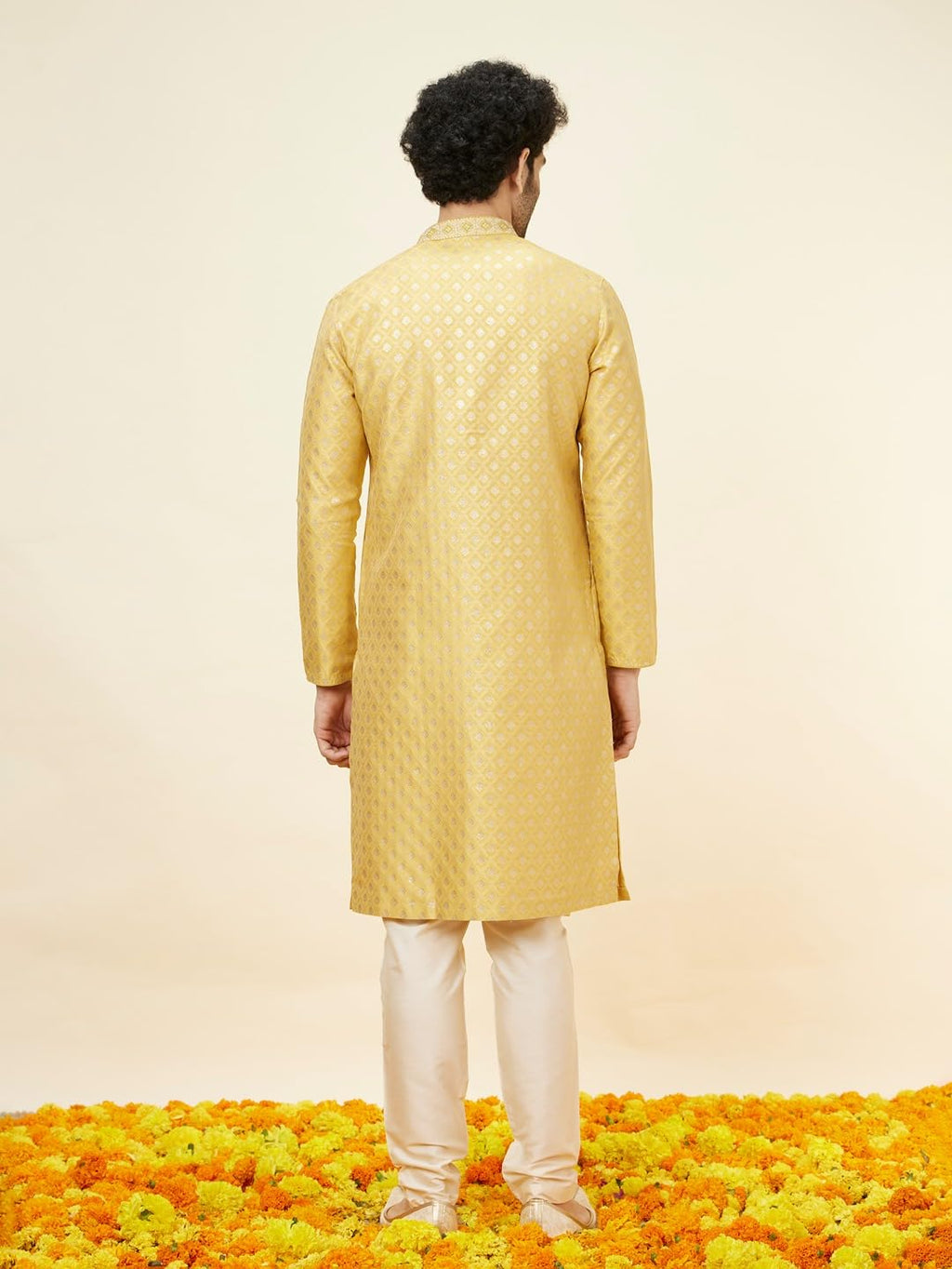 Manyavar Mens Yellow Art Silk JACQUARD Kurta Pyjama Set