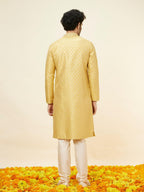 Manyavar Mens Yellow Art Silk JACQUARD Kurta Pyjama Set