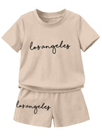 AVANOVA Boys Mehandi 2pcs Young Boy Loose Comfortable T-Shirt With Los Angeles Print And Shorts, Casual Cute Style Suitable For