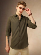 Dennis Lingo Solid Full Sleeves Spread Collar Polyester Regular Fit Men Casual-Shirt Olive