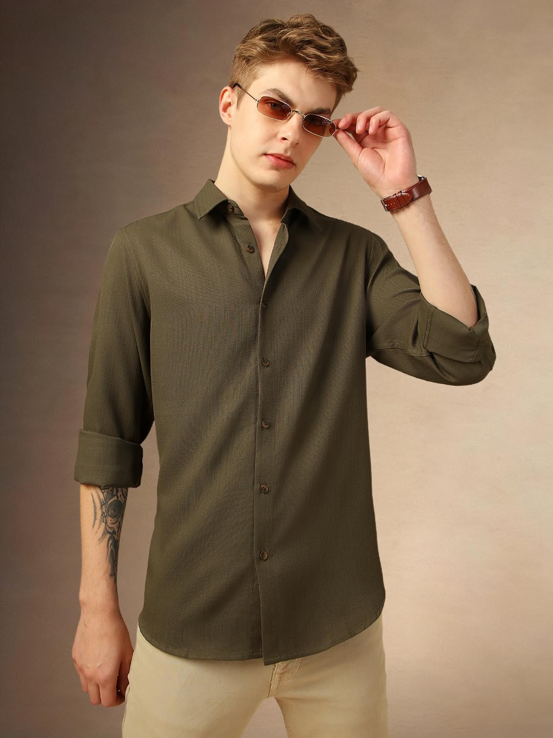 Dennis Lingo Solid Full Sleeves Spread Collar Polyester Regular Fit Men Casual-Shirt Olive