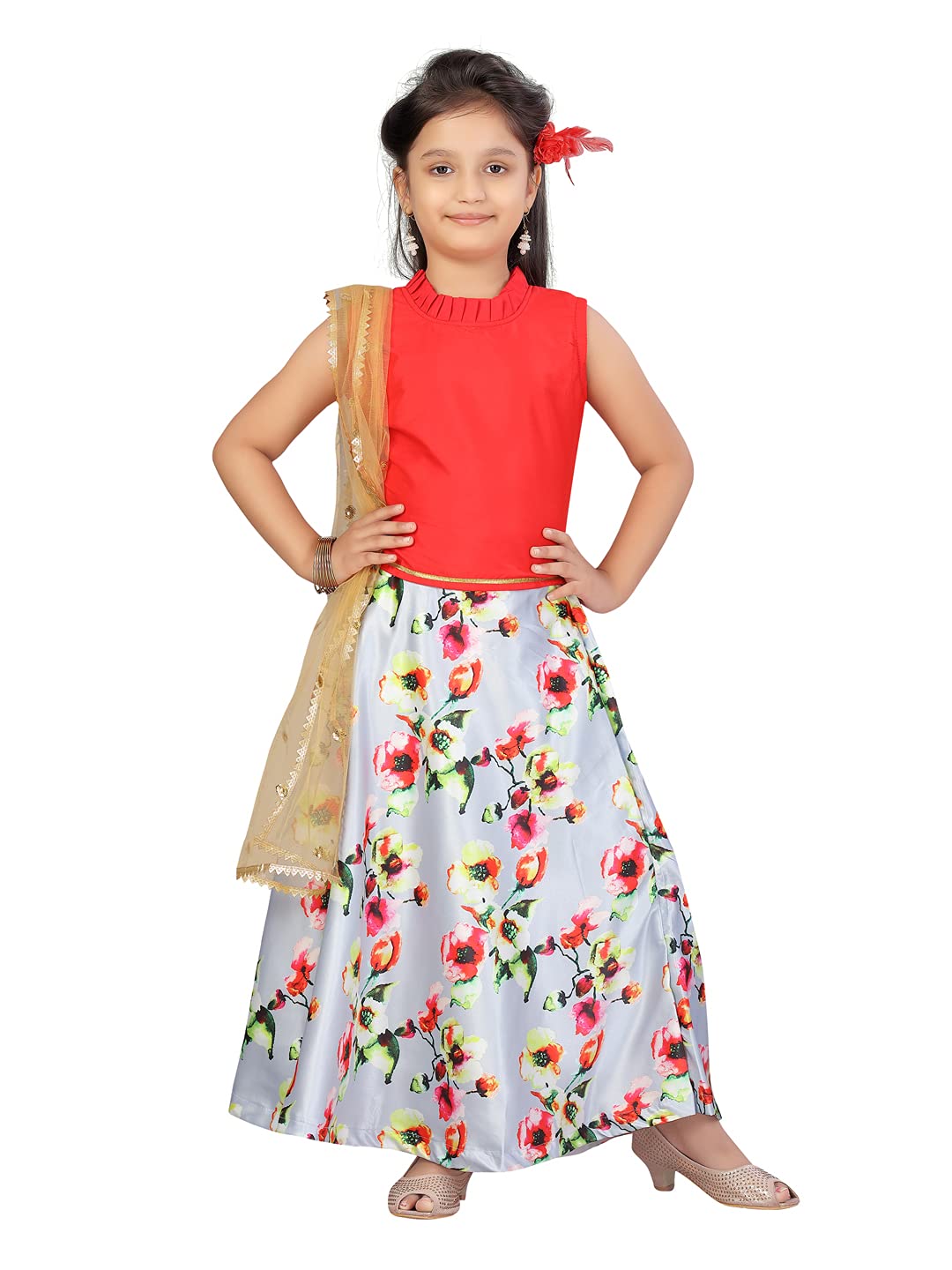 Aarika Girls Silk Lehenga Choli Set (JN_LCH-18361_Red-Grey_6-7 Years)