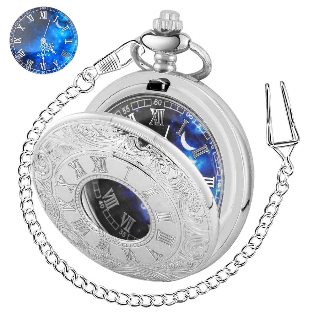 Tiong Vintage Pocket Watch Roman Numerals Scale Blue Starry Night Moon Dial Christmas Graduation Birthday Gifts Fathers Day(Silv