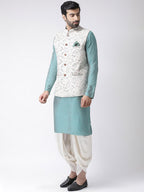 Men Multi Coloured Printed Cotton Blend Kurta Jacket Dhoti Set With Kantha Print