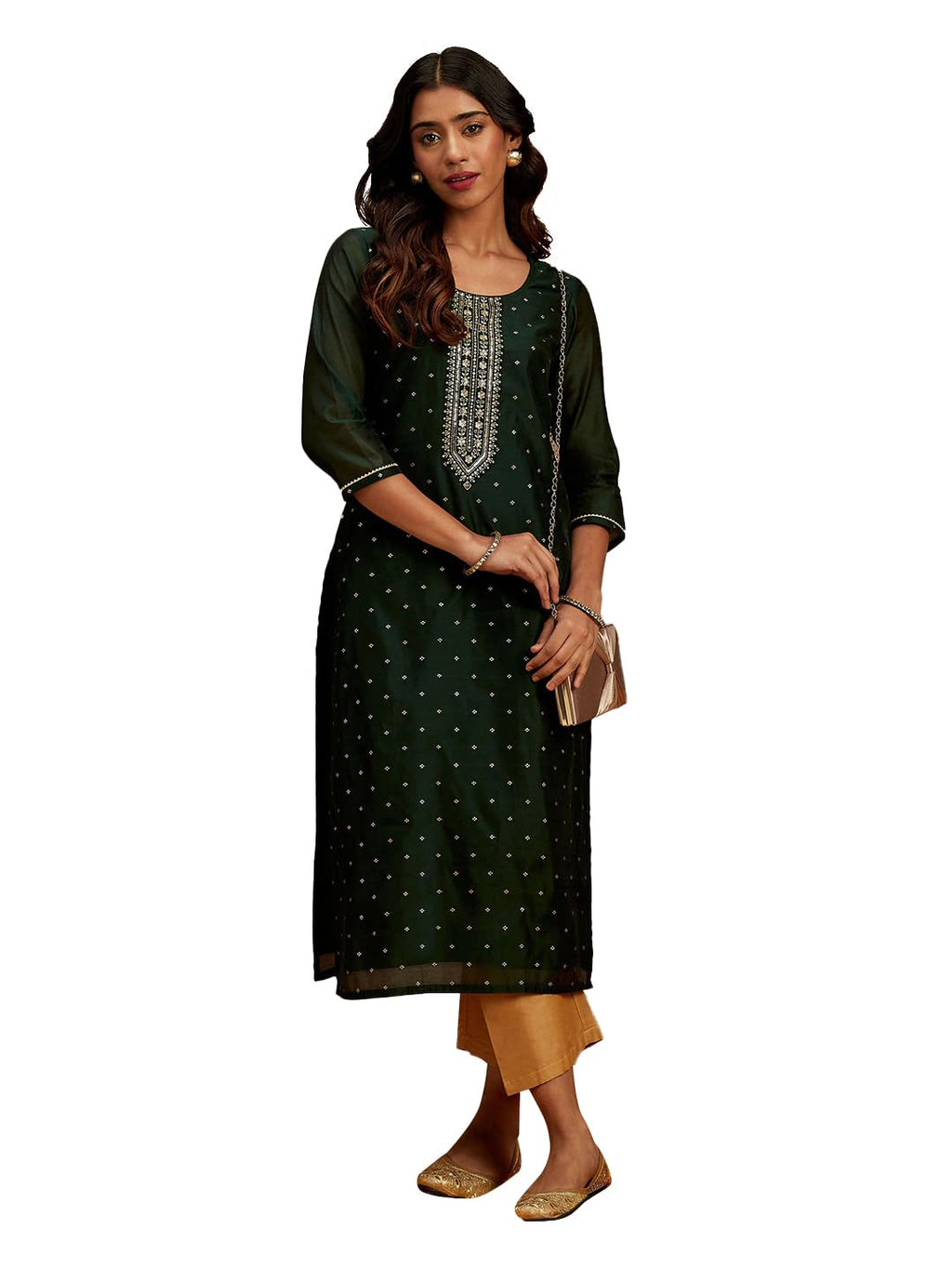 Libas Womens Woven Design Silk Blend Straight Kurta For Women Green