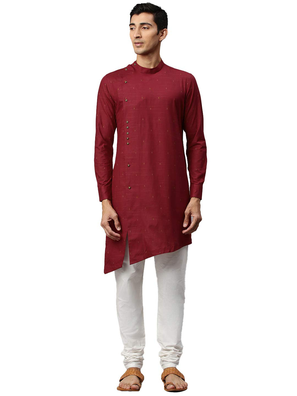 Manyavar Printed Casual Full Sleeves Kurta For Men (Maroon, Large)