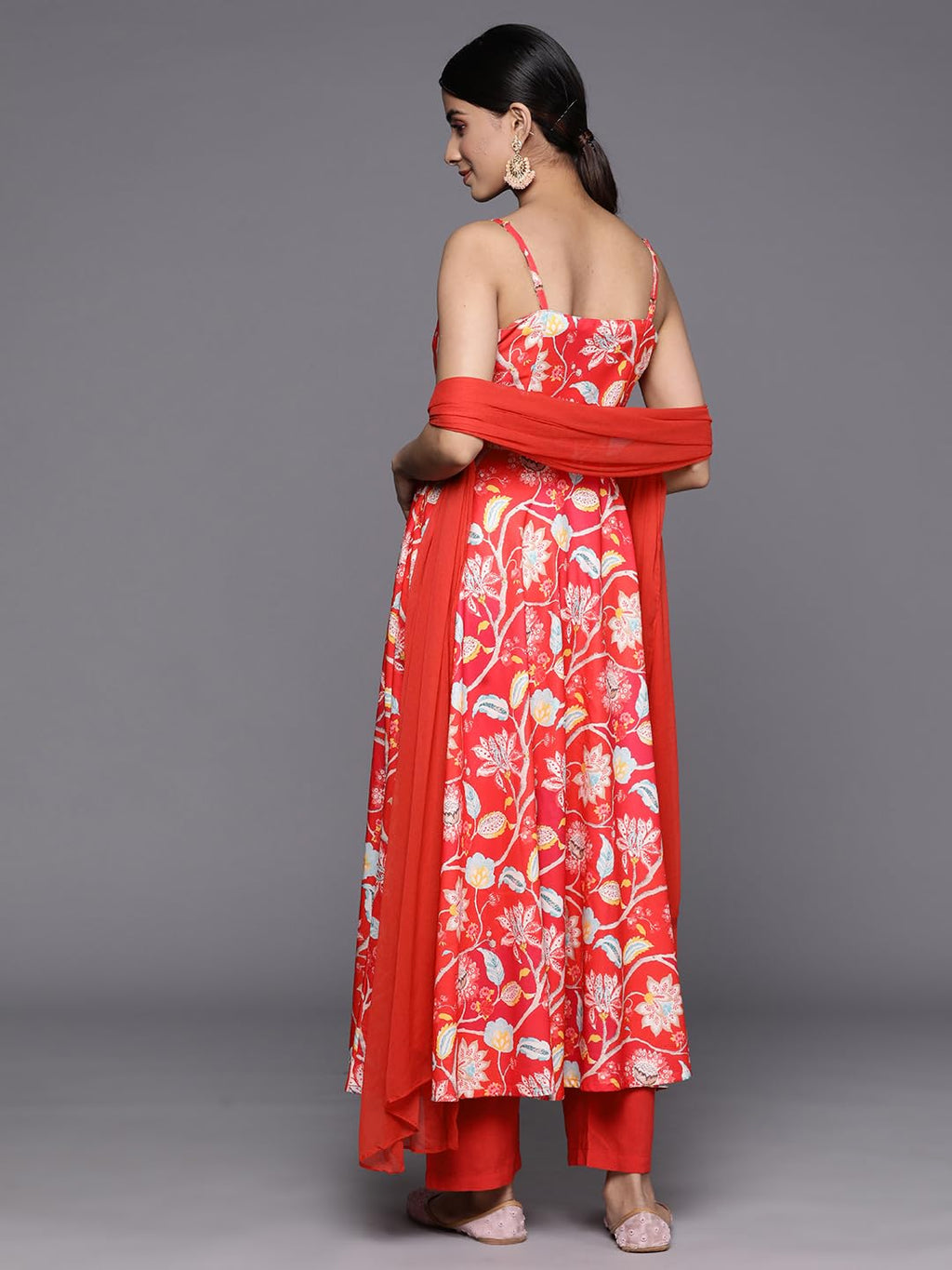 Varanga Women Red Floral Printed Anarkali Kurta Paired With Tonal Bottom And Dupatta