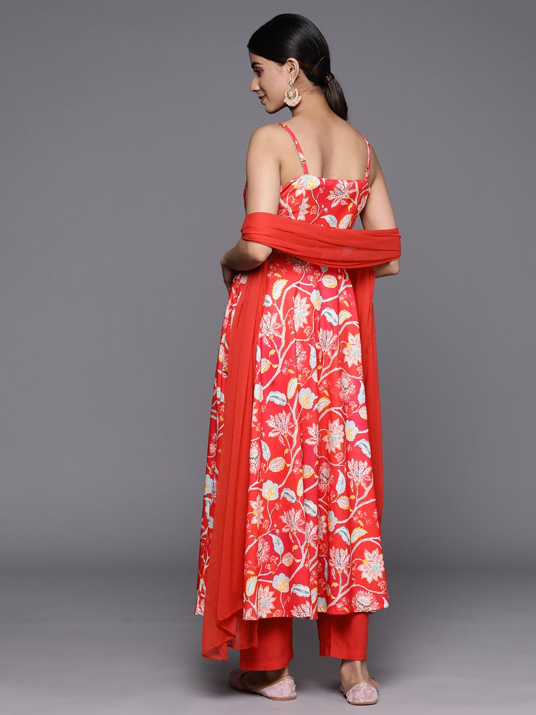 Varanga Women Red Floral Printed Anarkali Kurta Paired With Tonal Bottom And Dupatta