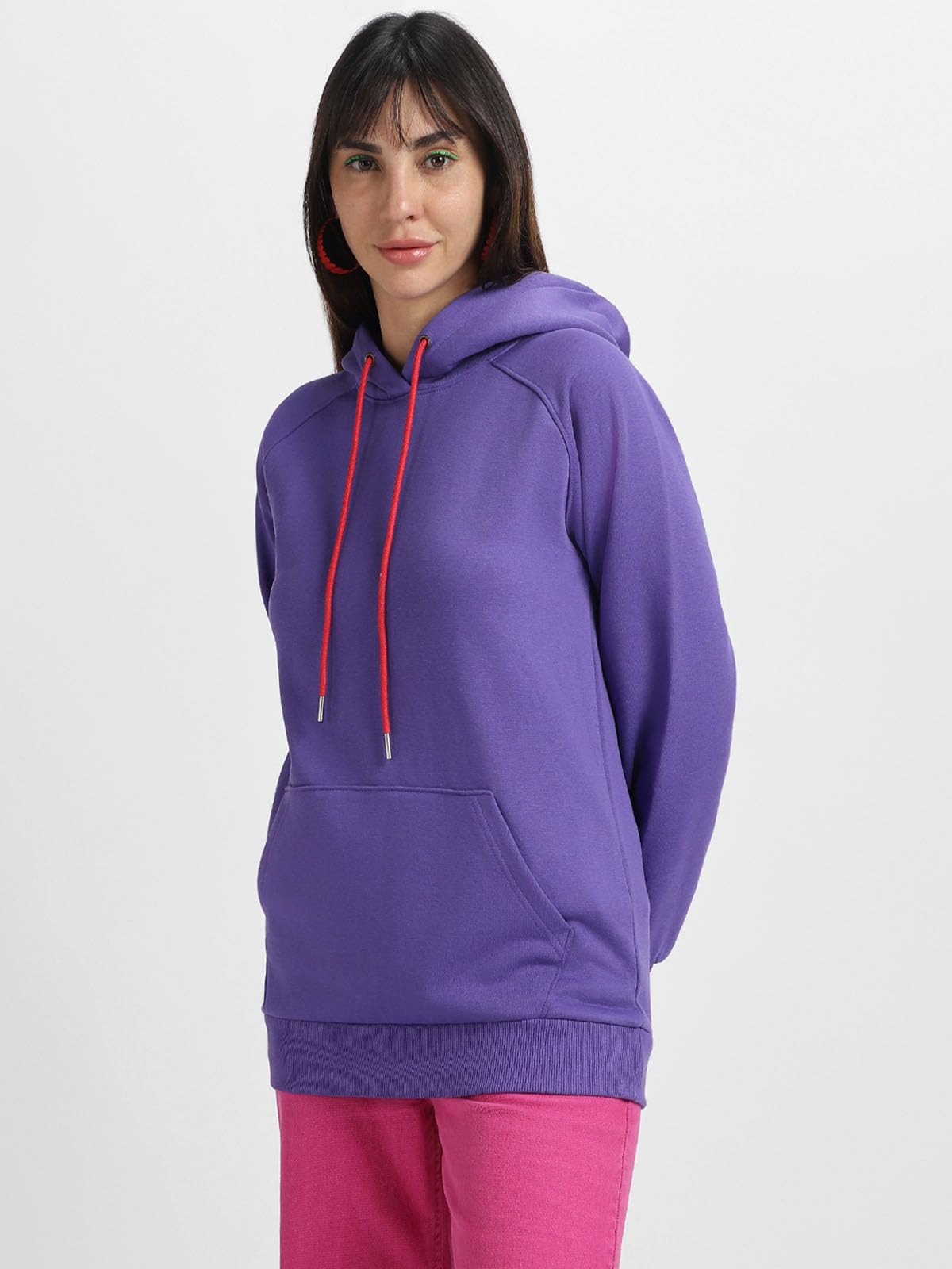 JUNEBERRY Cotton Polly Fleece Regular Fit Purple Solid Hoodie for Women
